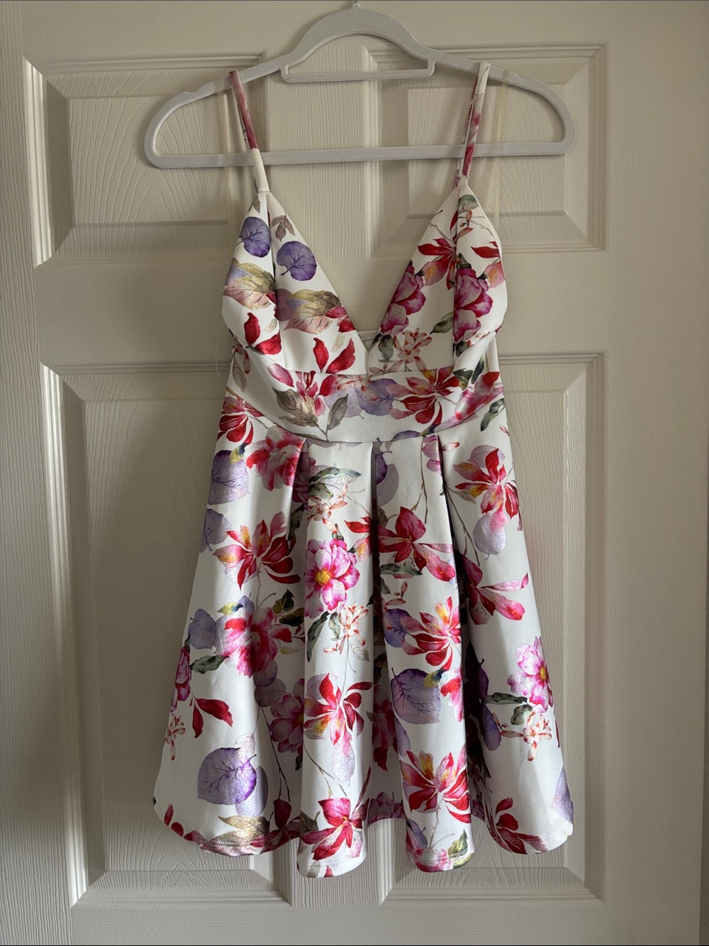 Floral V-Neck Mini Dress - White with Pink & Purple Flowers